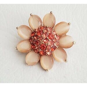 MONET RED AND PEACH STONES GOLD TONE FLOWER  BROOCH PIN